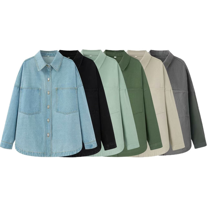 Damen Oversize Jeans-Hemdjacke im Boxy-Schnitt mit aufgesetzten Brusttaschen und Rundsaum Drune