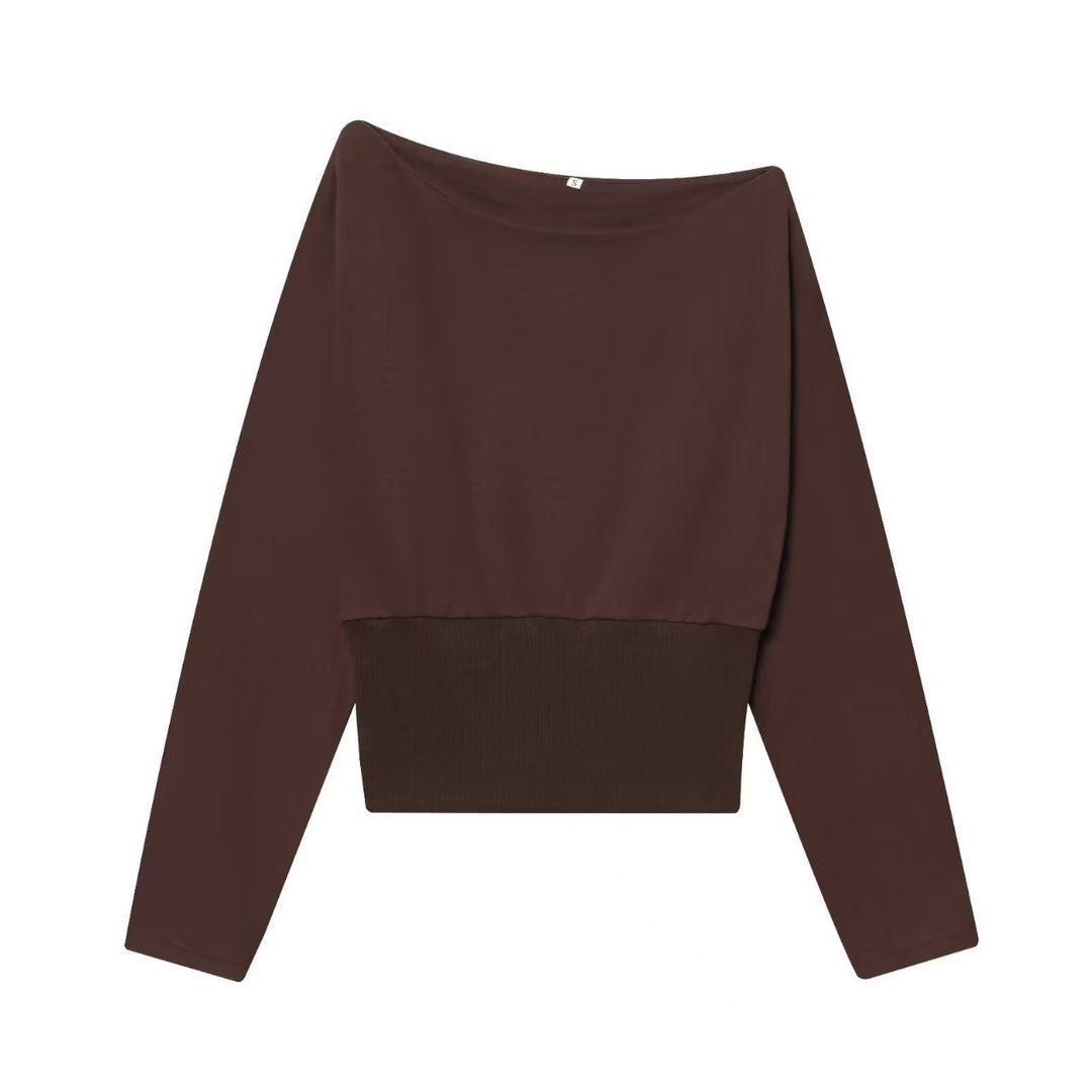 Damen Oversize Off-Shoulder Cropped-Pullover mit Fledermausärmeln und breitem Rippbündchen Drune
