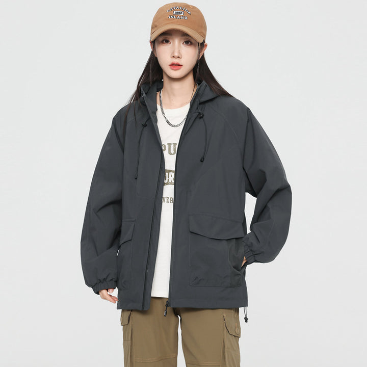 Damen Oversize Windbreaker Jacke mit Kapuze und Cargotaschen Drune