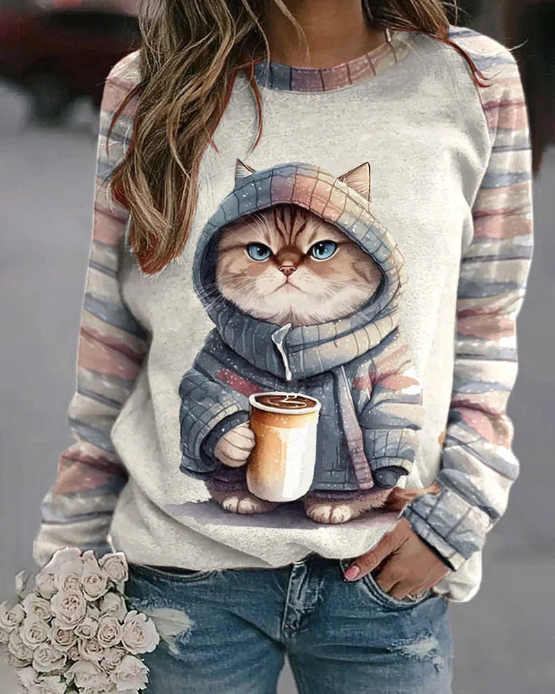 Damen nan lässiges Sweatshirt mit großem Kätzchen-Frontprint und gestreiften Raglanärmeln Drune