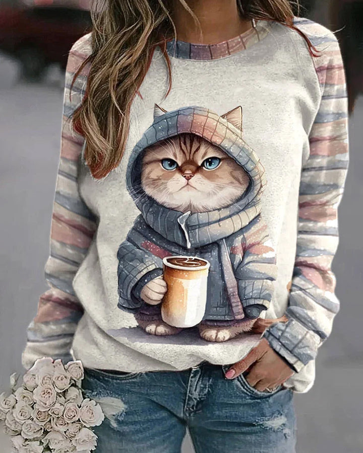 Damen nan lässiges Sweatshirt mit großem Kätzchen-Frontprint und gestreiften Raglanärmeln Drune