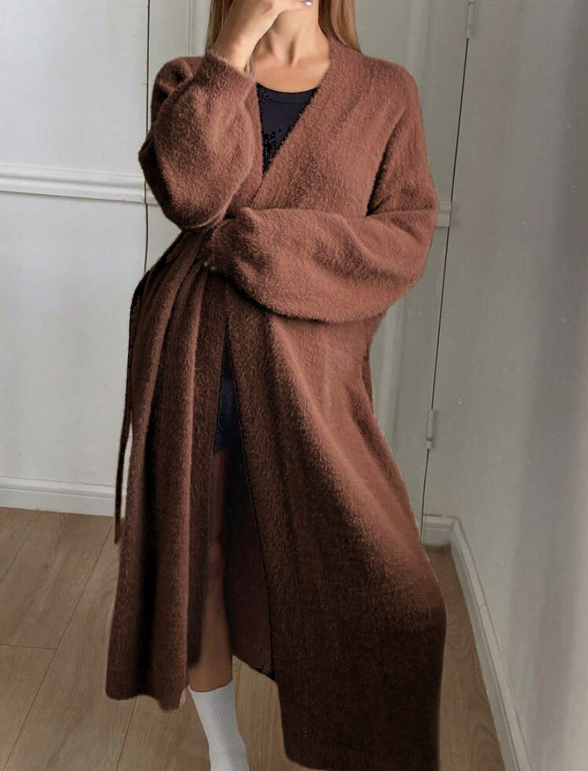 Damen Langer Wickel-Cardigan in Flausch-Optik mit Bindegürtel Drune