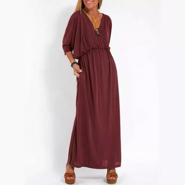 Damen lässiges Maxikleid mit V-Ausschnitt und seitlichen Schlitzen Drune
