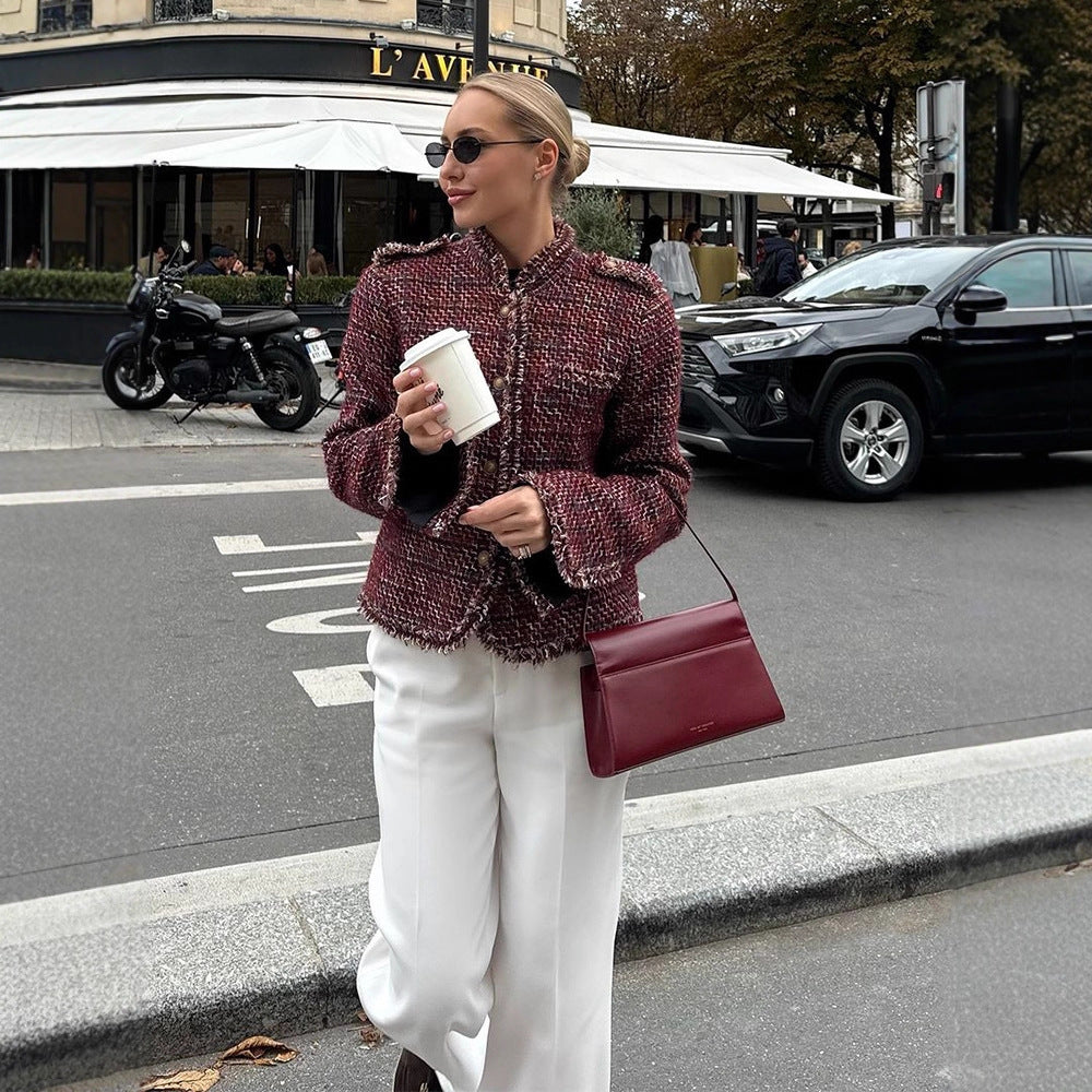 Damen Kurze Bouclé-Tweed-Jacke mit Fransenbesatz und Zierknöpfen Drune