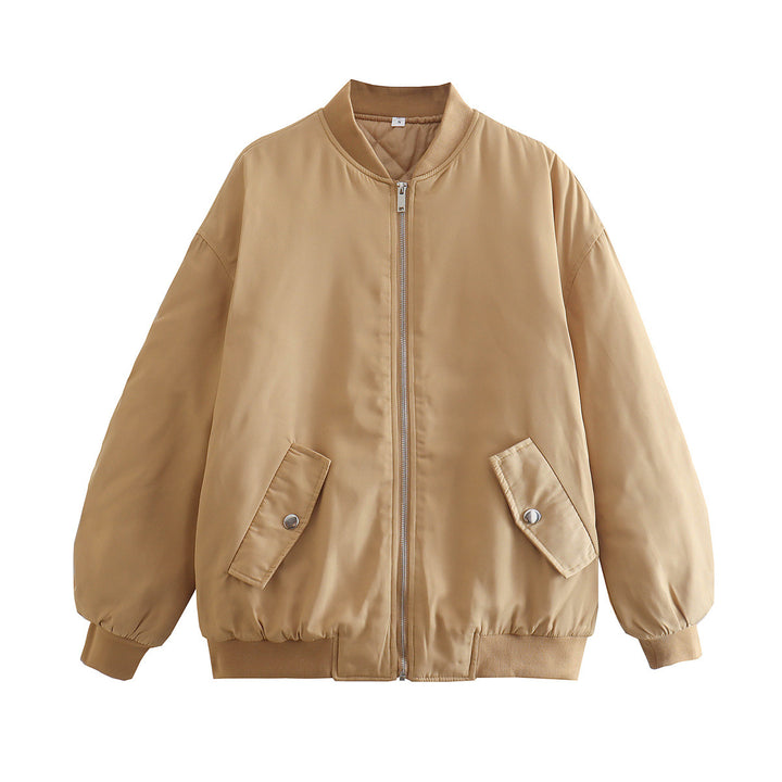 Damen nan oversized Bomberjacke mit Stehkragen, Reißverschluss und Druckknopf-Taschen Drune