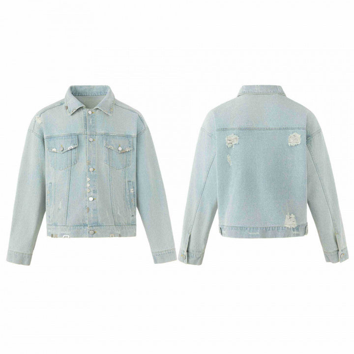 Unisex Boxige Jeansjacke im Worker‑Look mit Metallapplikationen und Pattentaschen Drune