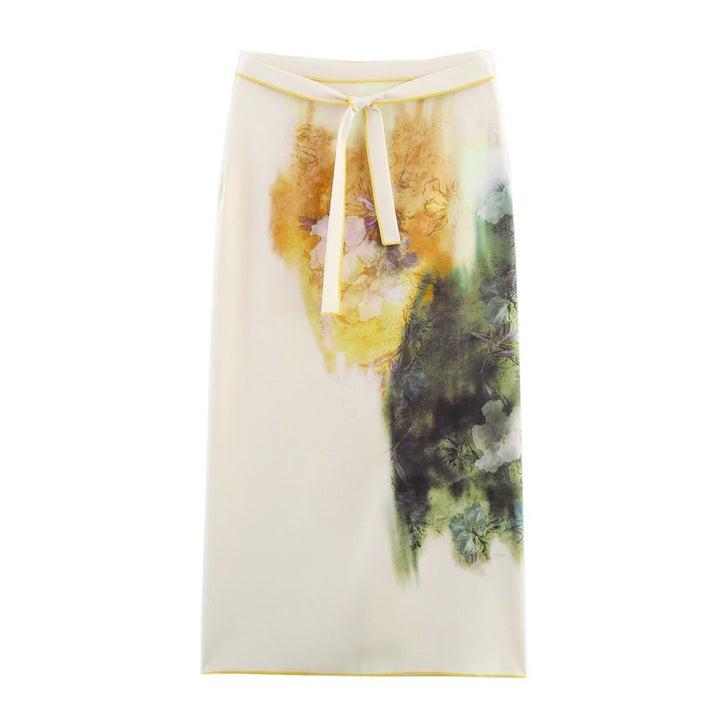 Damen Midirock mit Aquarell‑Print, geradem Schnitt und Zierbindegürtel Drune