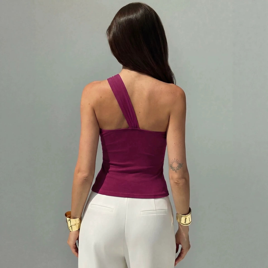 Damen nan asymmetrisches Einschulter-Chiffon-Oberteil mit Drapierung und Zierbrosche Drune