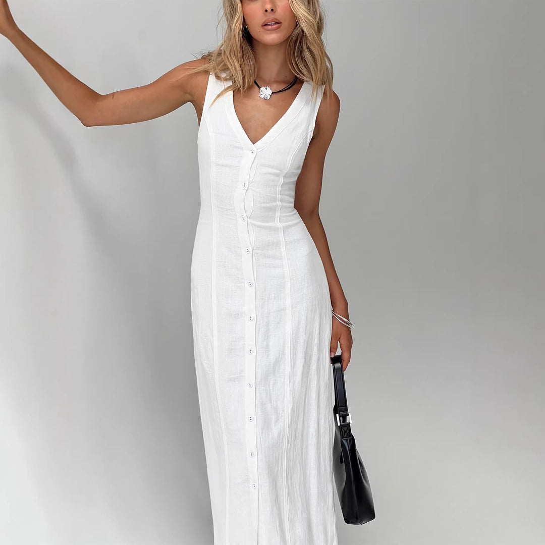 Damen Maxikleid mit knöpfbarem Ausschnitt und figurbetontem Schnitt Drune