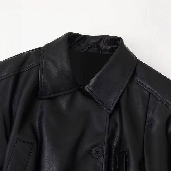 Damen nan taillierte Kunstlederjacke mit Bindegürtel, Hemdkragen und verdeckter Knopfleiste Drune