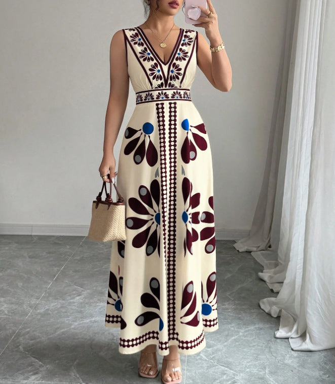Damen Maxikleid mit voluminösem Blumenmuster und tiefem V-Ausschnitt Drune