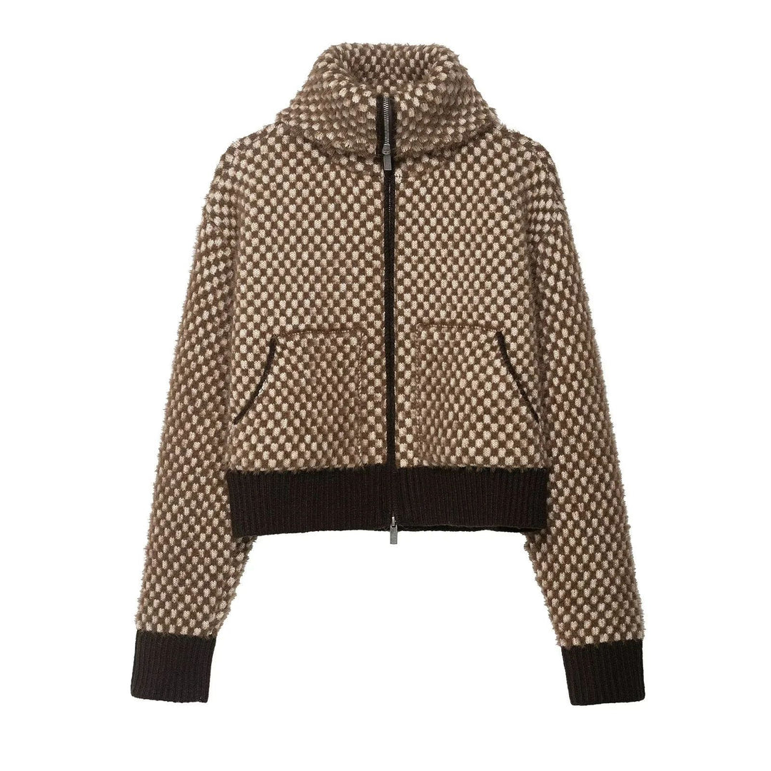 Damen nan kurz geschnittene strukturierte Zip-Strickjacke mit hohem Stehkragen, aufgesetzten Taschen und breitem Rippbund Drune