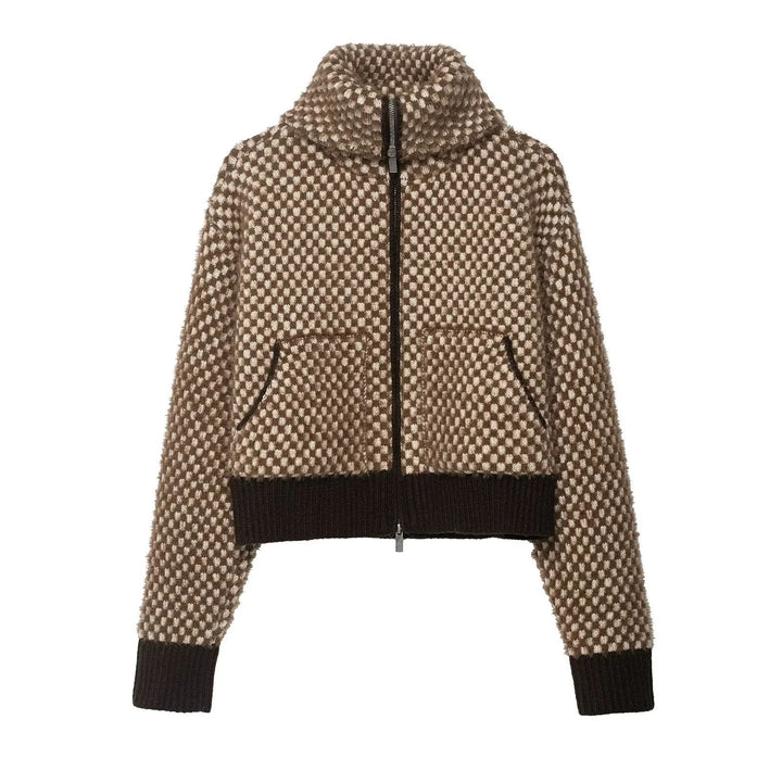 Damen nan kurz geschnittene strukturierte Zip-Strickjacke mit hohem Stehkragen, aufgesetzten Taschen und breitem Rippbund Drune