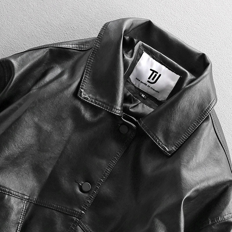 Herren Oversized Lederimitat-Utility-Jacke mit Pattentaschen und elastischem Saum Drune