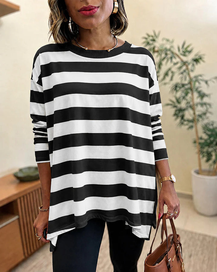 Damen Oversized Streifen-Longsleeve mit Rundhalsausschnitt und abgerundetem Saum Drune