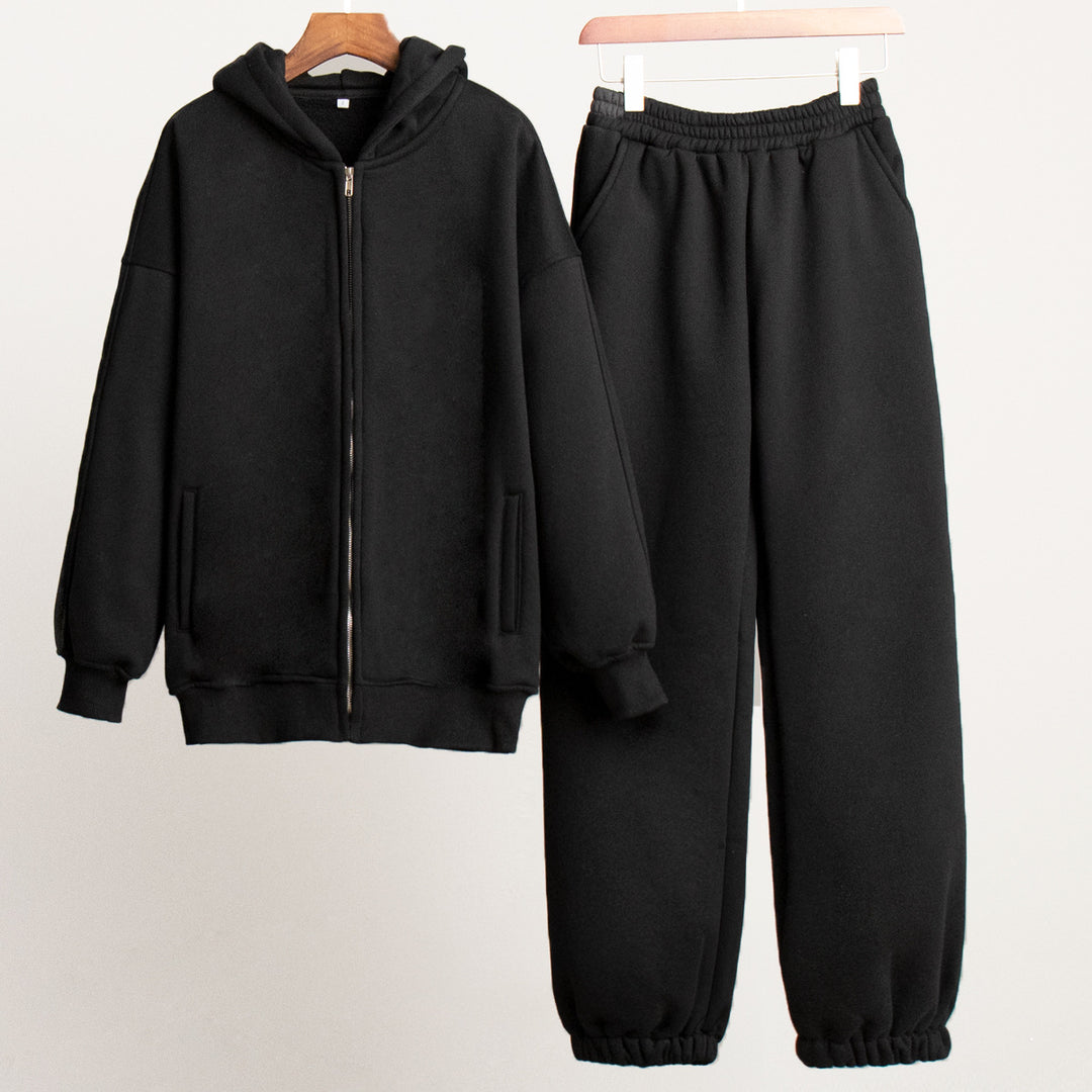 Damen Bequemes Fleece-Hausanzug-Set mit Hoodie und elastischem Bund Drune