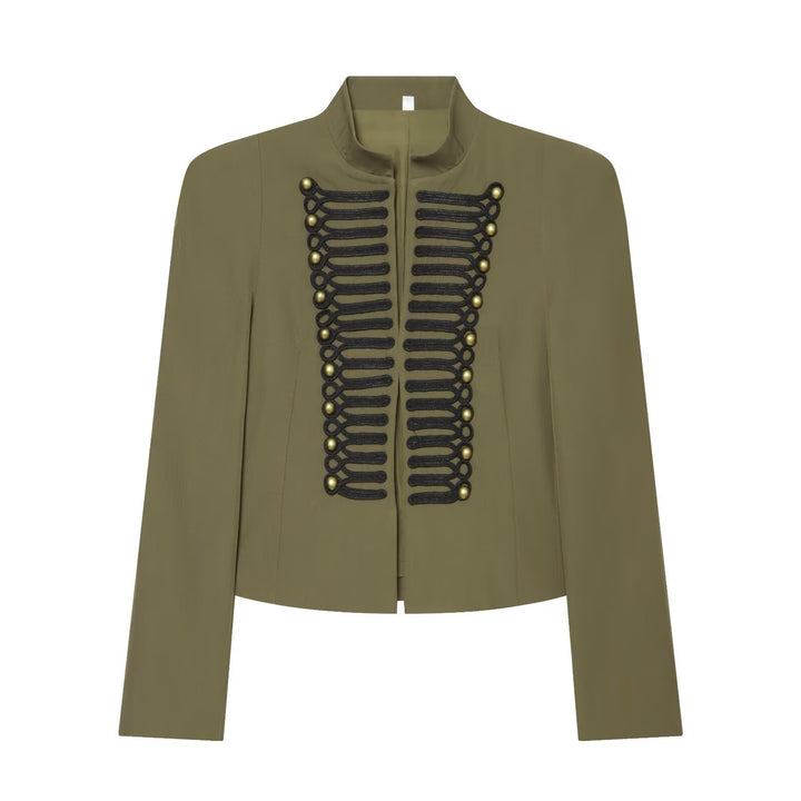 Damen Cropped Military-Blazer mit ornamentaler Kordelverzierung und Stehkragen Drune
