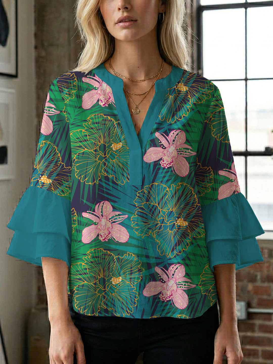 Damen Bluse mit voluminösen Ärmeln und floralem Design Drune