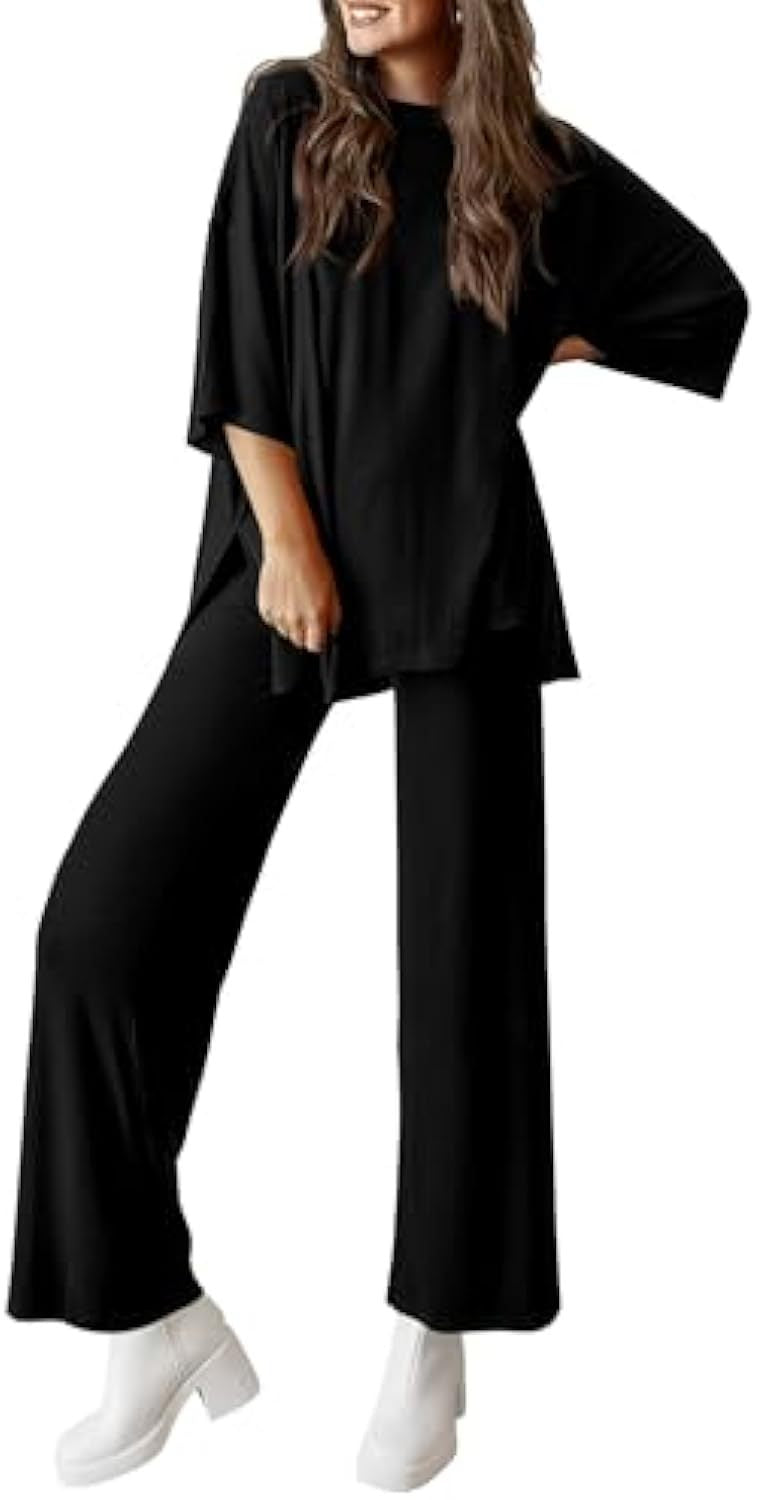 Damen Lässiges Lounge-Set aus weichem Jersey mit Oversize-Tunika und weiter Palazzo-Hose Drune