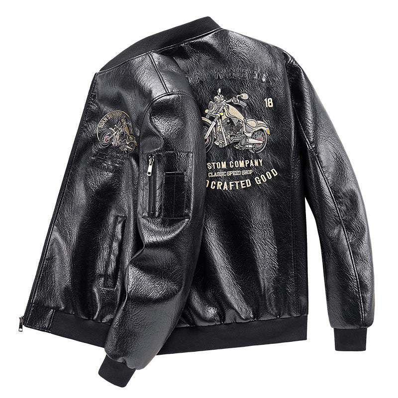 Men's  motorcycle graphic faux-leather varsity bomber with embroidered back panel and sleeve utility pocket Drune