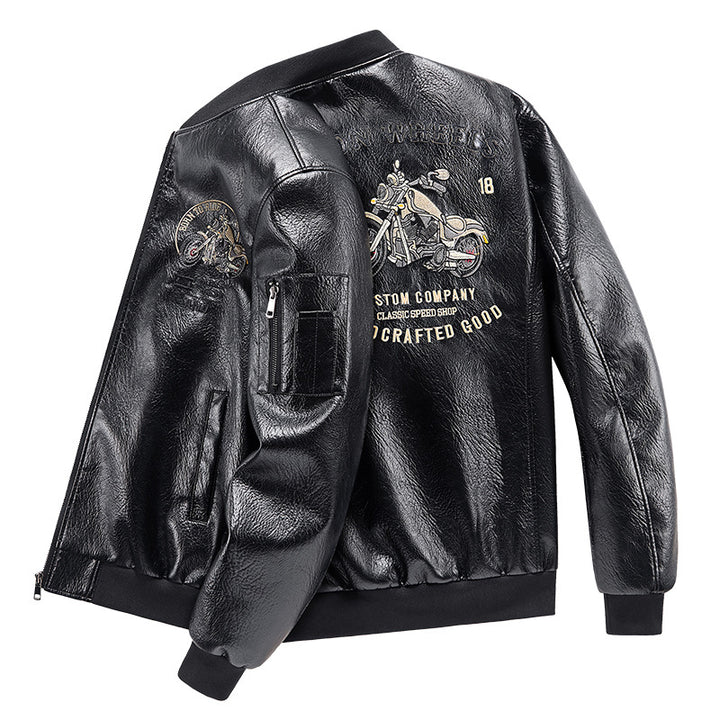Men's  motorcycle graphic faux-leather varsity bomber with embroidered back panel and sleeve utility pocket Drune