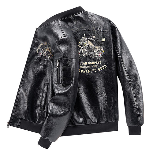 Men's  motorcycle graphic faux-leather varsity bomber with embroidered back panel and sleeve utility pocket Drune