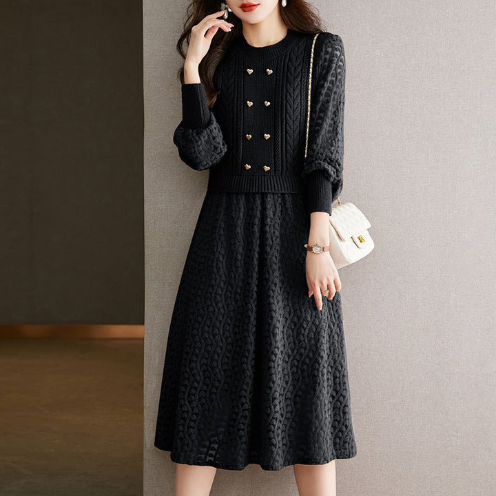 Damen Strickkleid mit tailliertem Oberteil und weit schwingendem Rock Drune