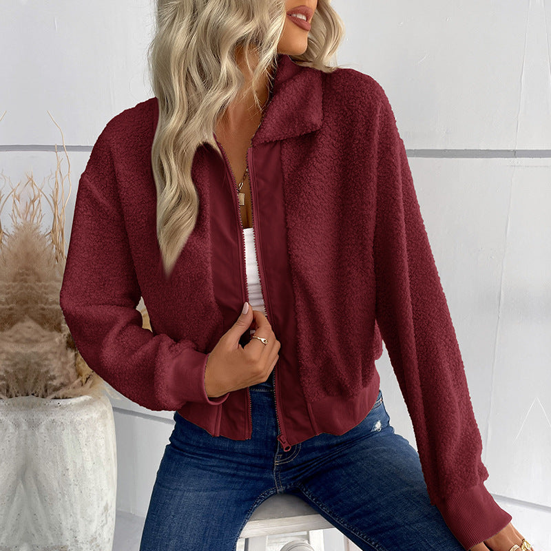 Damen Teddyjacke mit Reißverschluss, Stehkragen und Rippbündchen Drune