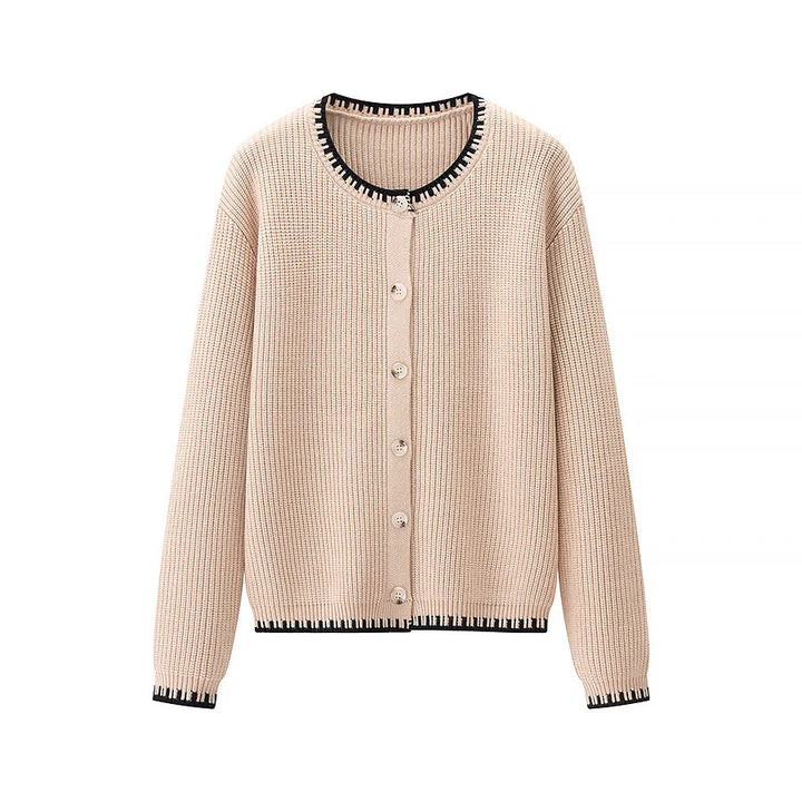 Damen nan gerippte Strickjacke mit Rundhals, kontrastierender Paspel und durchgehender Knopfleiste Drune