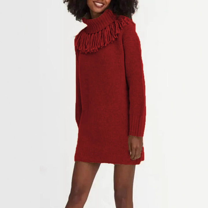 Damen Strickkleid mit Fransenkragen und gerippten Ärmeln Drune