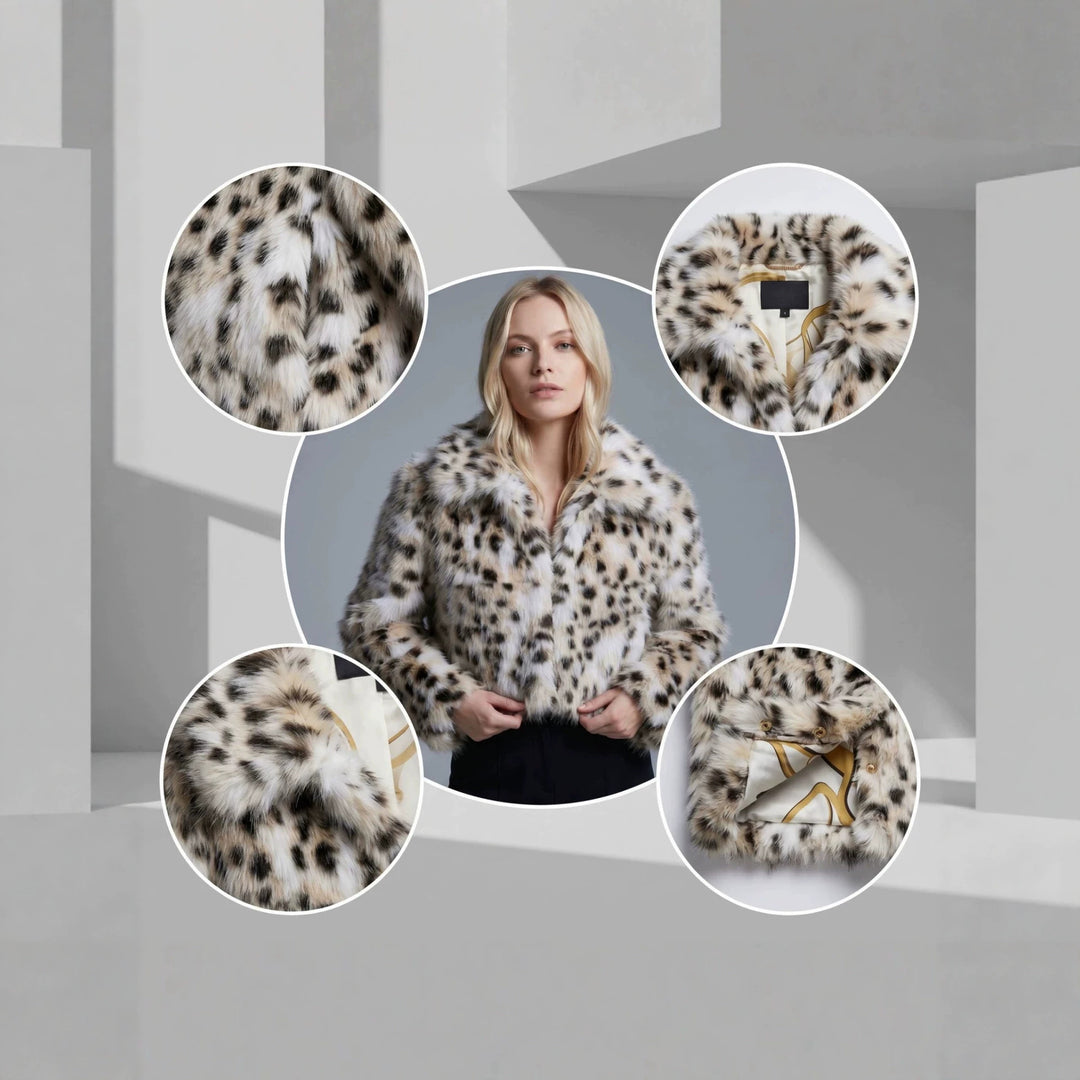 Damen Kurz geschnittene Kunstfelljacke mit grafischem Fleckenmuster und Boxy‑Silhouette Drune