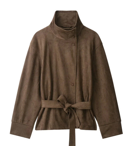 Damen Kurzjacke aus Veloursoptik mit Stehkragen und Taillengürtel Drune