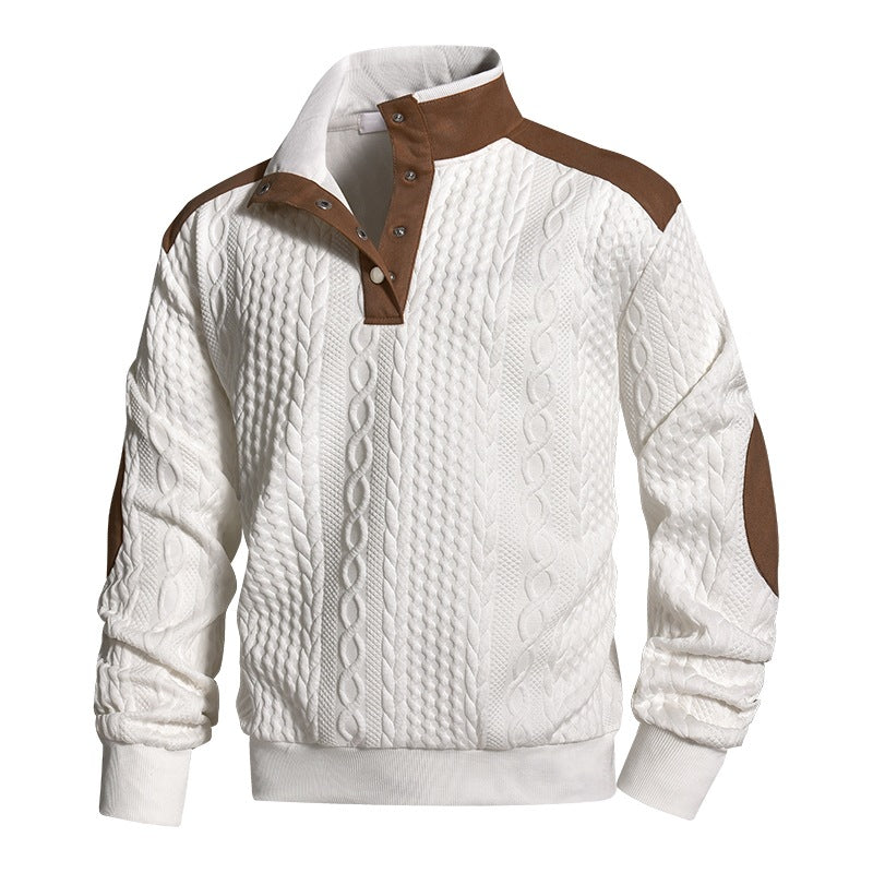 Herren Strickpullover mit Zopfmuster, Stehkragen und Kontrast‑Schulter- & Ellbogenpatches Drune