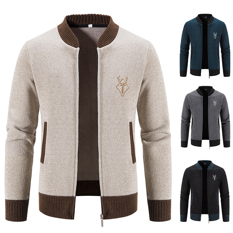 Herren nan lässiger Zip-Strickblouson mit weichem Thermofutter, geripptem Stehkragen und Hirsch-Logo Drune