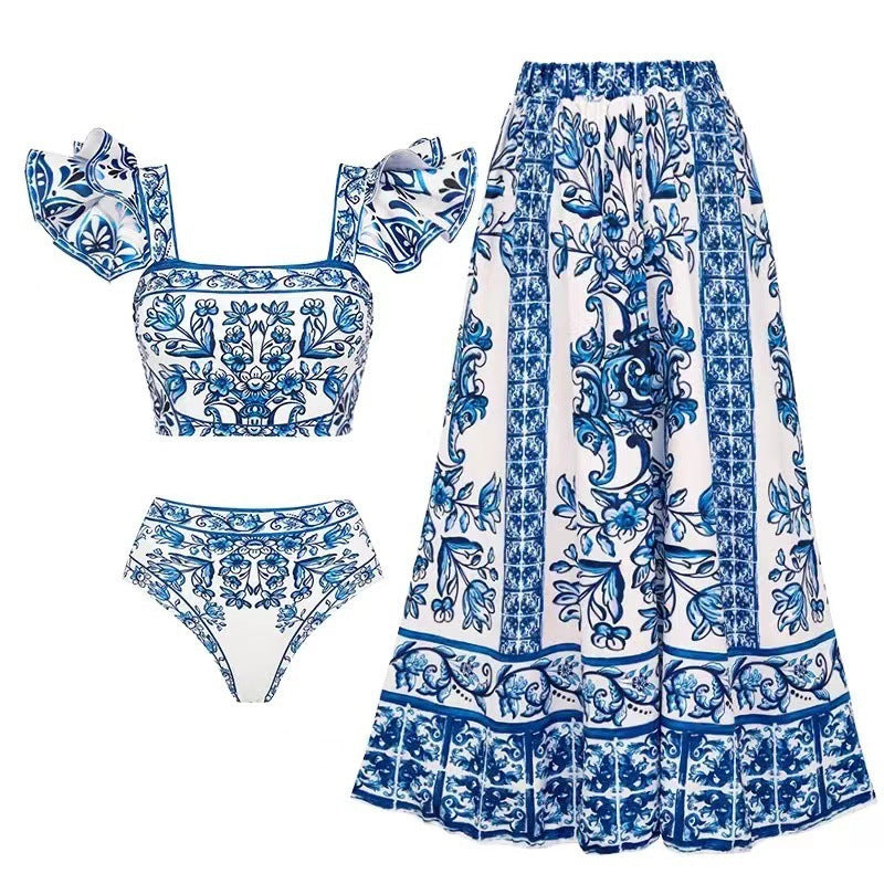 Damen Bikini-Set mit verspieltem Puffärmel und elegantem Wickelrock Drune