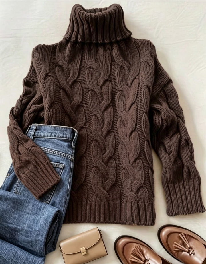 Damen Grobstrick-Rollkragenpullover mit markanten Zopfmustern und gerippten Bündchen Drune