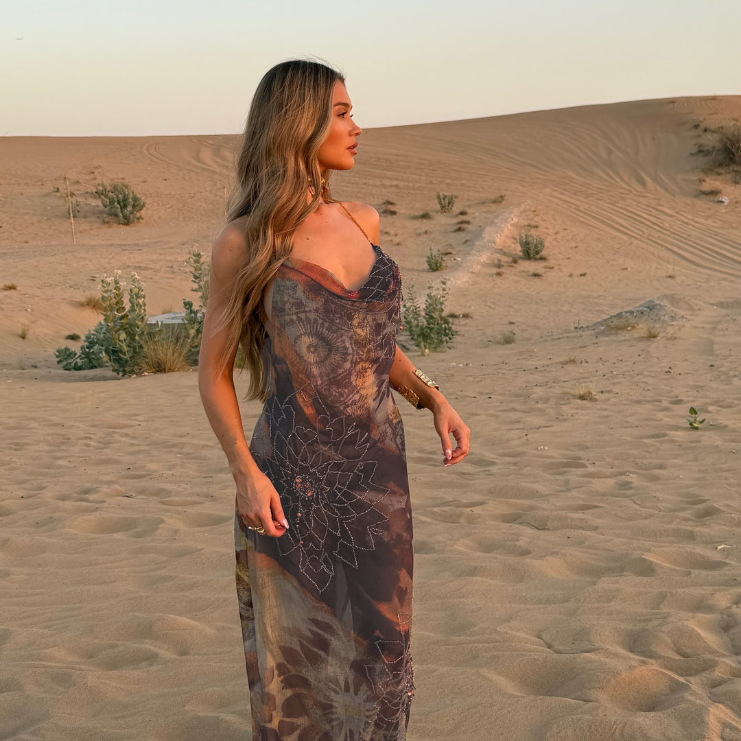 Damen Maxikleid mit anpassbaren Trägern und floralen Mustern Drune