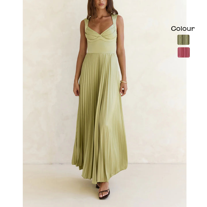Damen Plissiertes Maxikleid mit vorteilhaftem V-Ausschnitt und femininem Design Drune
