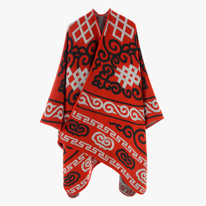 Damen Oversize-Jacquard-Umhang mit ethno-inspiriertem Ornamentmuster Drune