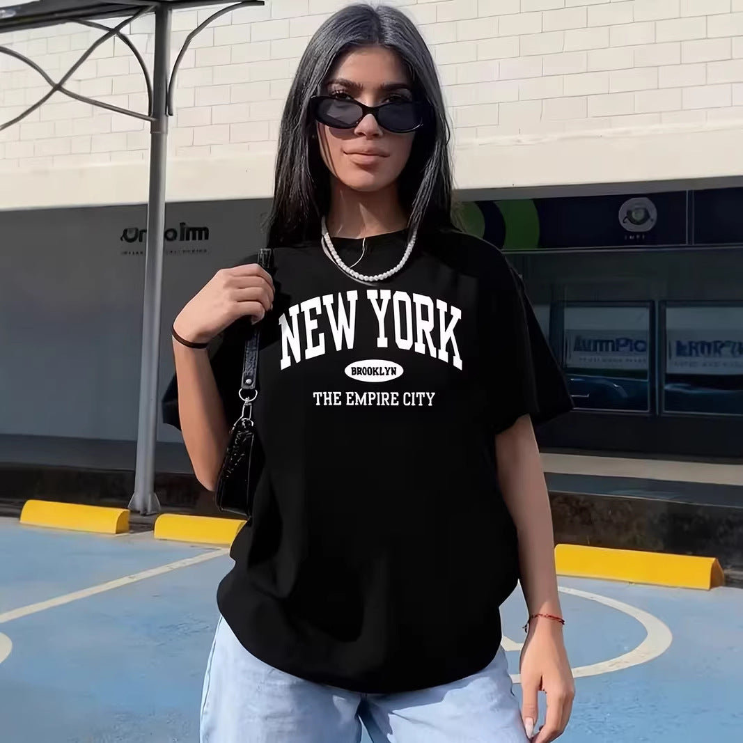 Damen lässiges Oversize T-Shirt mit New York Schriftzug Drune