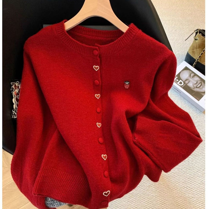 Damen kuschelige Strickjacke mit Herz- und Erdbeerenapplikationen Drune