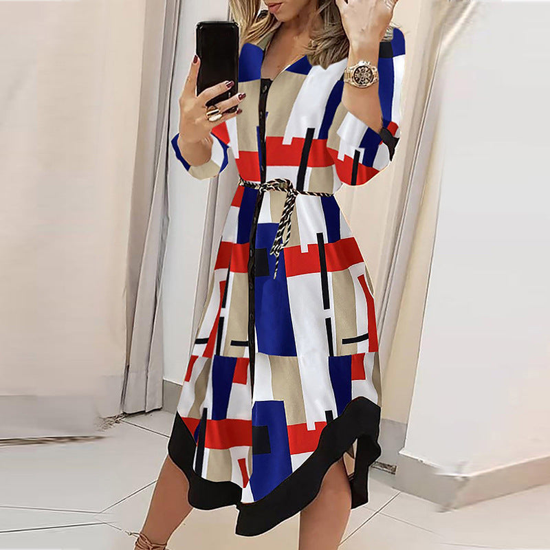 Damen Maxikleid mit modernem geometrischen Muster und eleganter Taillierung Drune