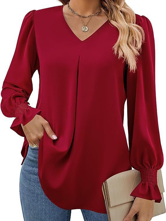 Damen elegante Bluse mit V-Ausschnitt und voluminösen Ärmeln Drune