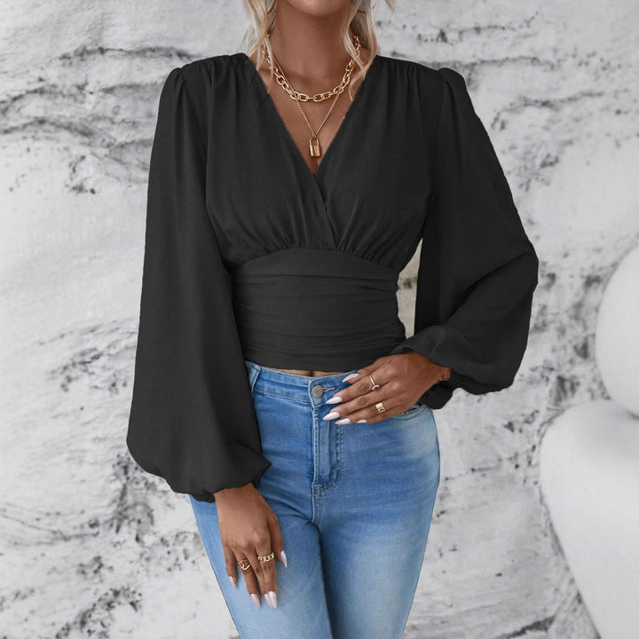 Damen Wickel-Cropped-Top mit geraffter Taillenpartie und weiten Ballonärmeln Drune