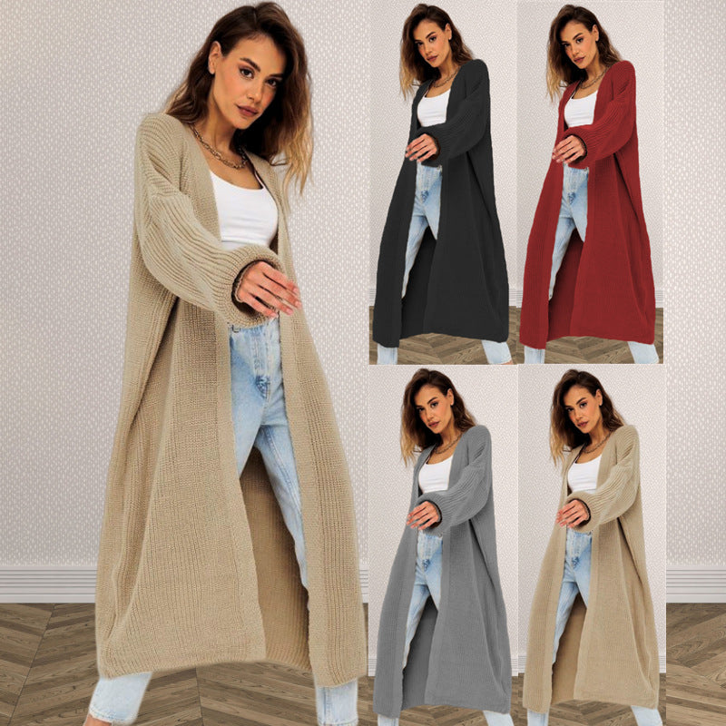 Damen Langer Strickcardigan mit offenem Design und weiten Ärmeln Drune