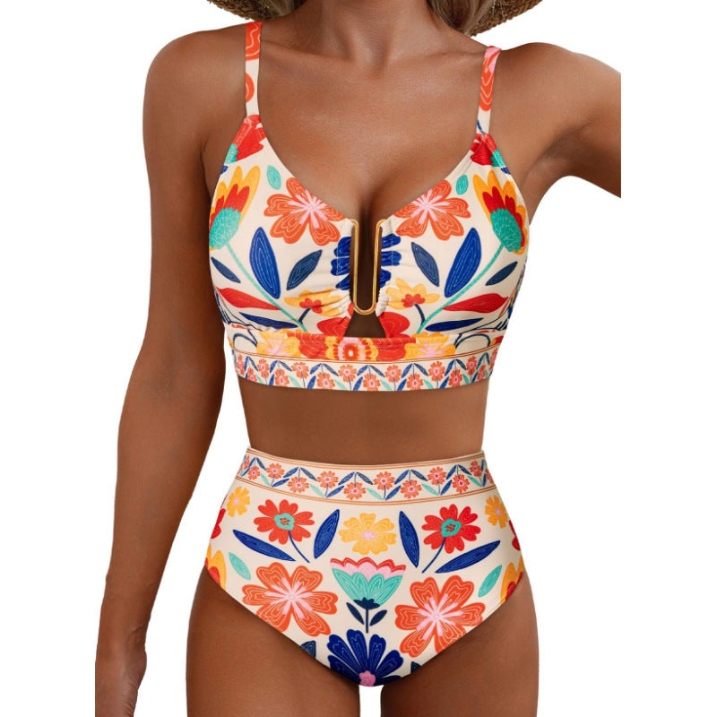 Damen Hoch geschnittener Bikini mit floralem Muster und Leo-Print Drune