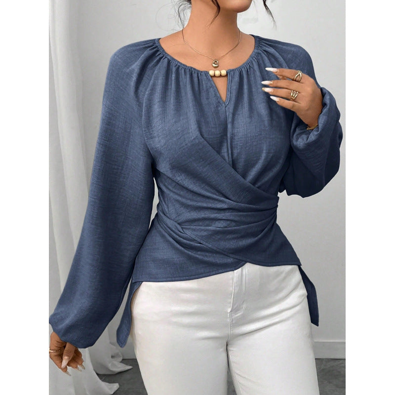 Damen Taillierte Wickelbluse mit Perlendetail und Ballonärmeln Drune