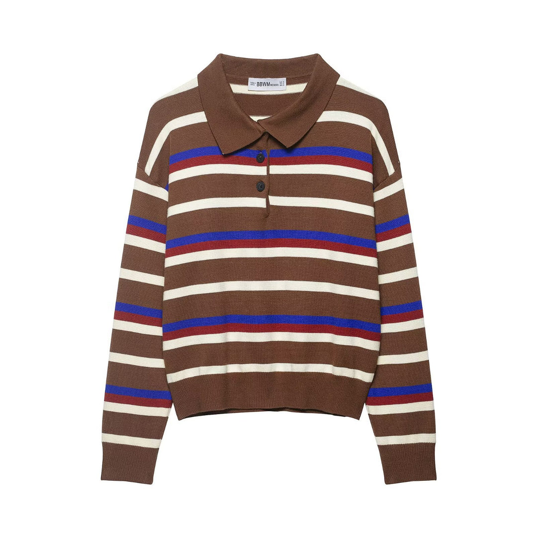 Damen Gestreifter Polokragen-Strickpullover im Boxy-Cropped-Schnitt Drune