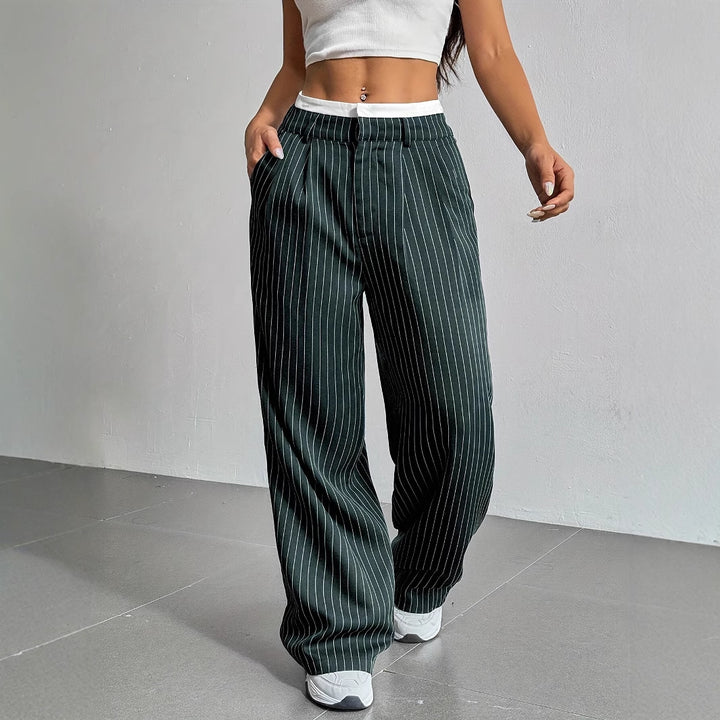 Damen Elegante Weite Hose mit Nadelstreifen und hohem Bund Drune