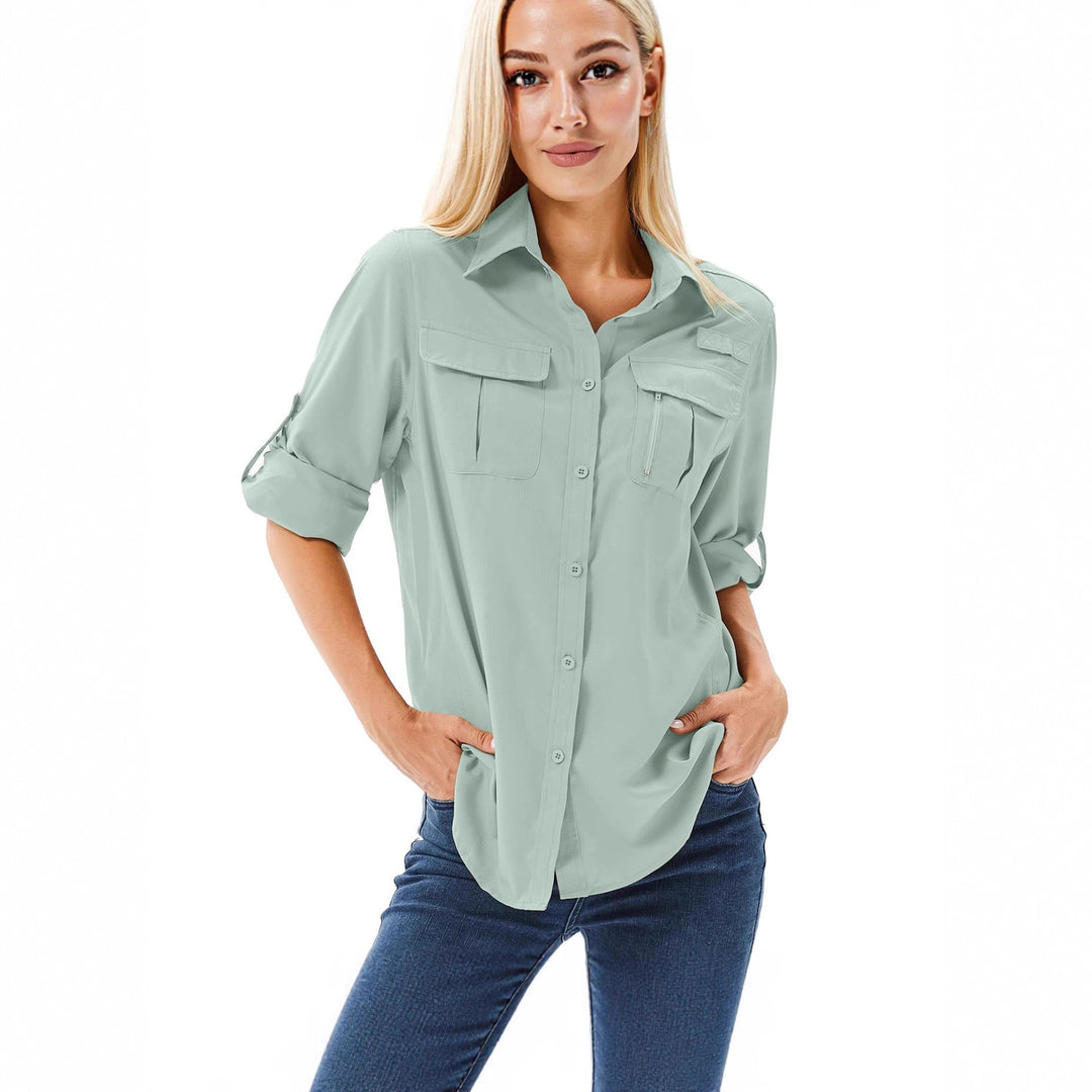 Damen lässige Bluse mit praktischen Taschen und umschlagbaren Ärmeln Drune
